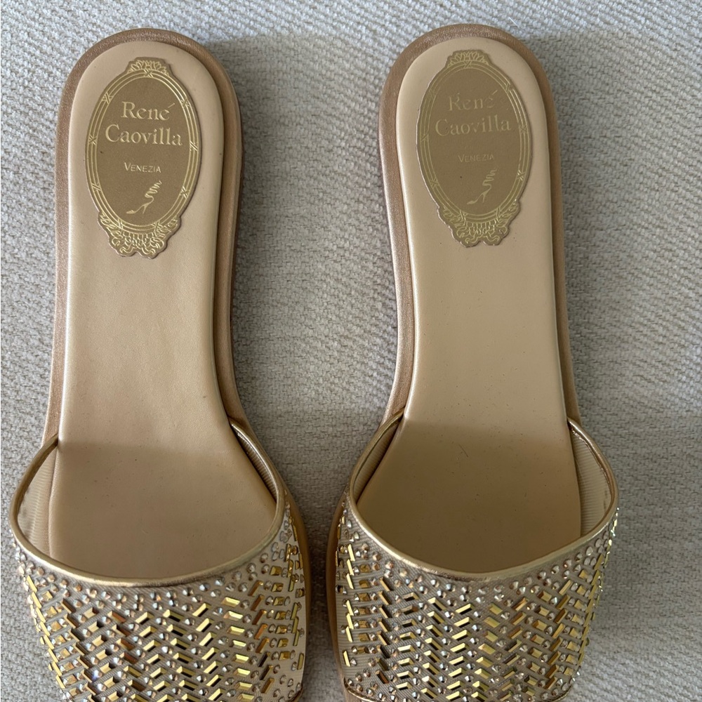 Rene Caovilla Gold and Beige Embellished Sandals